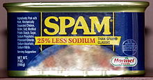 Contemporary can of SPAM, boasting a 25% (one quarter) sodium content reduction Spam 2.jpg