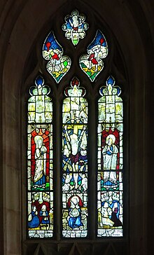 The Crucifixion with the Virgin Mary and St John, glass c. 1490, restored 1850. Stained glass window at Llangadwaladr Church - Eglwys Llangadwaladr, Anglesey, Wales 48.jpg