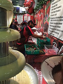 Queensland foods exhibits in the Exhibition building, 2015 Strawberries dipped in chocolate, Ekka, Brisbane, 2015.jpg