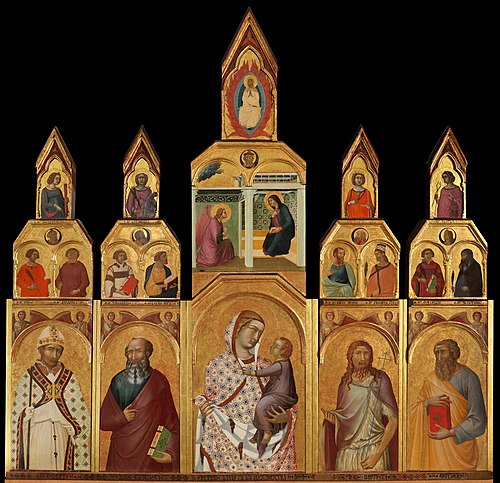 The Tarlati polyptych by Pietro Lorenzetti, at the Church of Santa maria della Pieve in Arezzo, 1320, includes St. Donatus, far left.