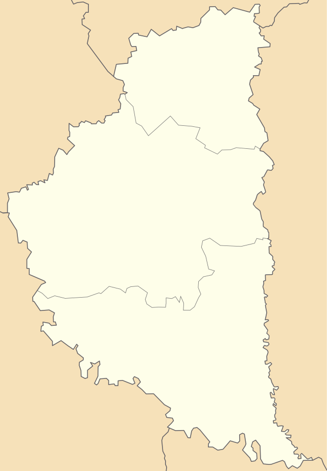 Mapa konturowa obwodu tarnopolskiego, w centrum znajduje się punkt z opisem „katedra Niepokalanego Poczęcia Najświętszej Marii Panny”