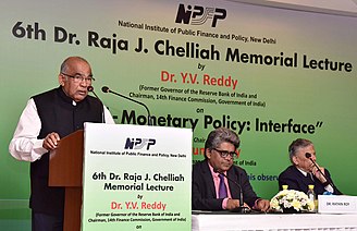 The former Governor, Reserve Bank of India (RBI), Dr. Y.V. Reddy delivering the 6th Dr. Raja J. Chelliah Memorial Lecture on the "Fiscal - Monetary Policy Interface", in New Delhi on March 24, 2017.jpg