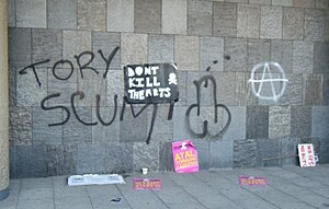 Anti-Conservative graffiti - the words "Tory scum" next to an image of a penis -- created during the 2010 student protests. Tory Scum.jpg