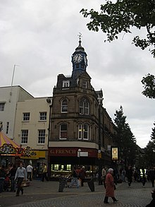 Clock Tower and the view up Baxter Gate Tower Clock, on the corner of Baxter gate, French Gate, St Sepulcher Gate and High Street, Doncaster - geograph.org.uk - 1566128.jpg