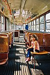 Inside a vintage Viennese tram.