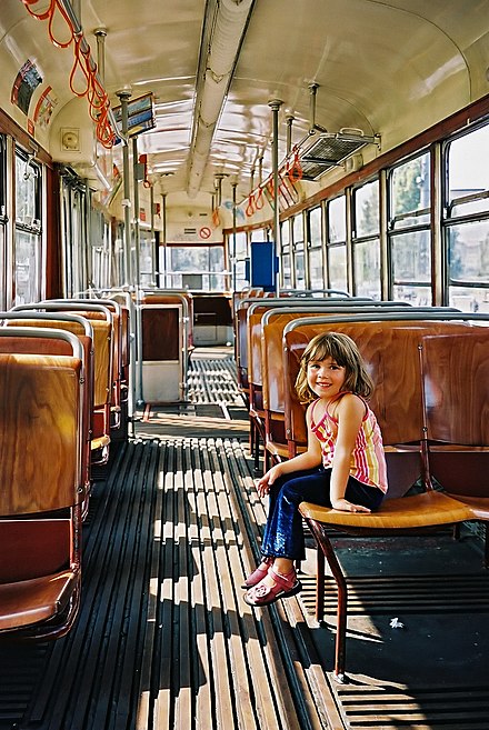 Inside a vintage Viennese tram.