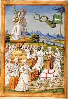 Triumph of Chastity: an allegory of the virtue of Chastity is standing on a wagon drawn by two unicorns; her train of virgins is led by one holding a banner bearing the emblem of the white weasel or ermine, symbol of chastity in medieval tradition (Master of the Paris Entries, c. 1500 - c. 1520). Trionfo della Pudicizia W.jpg