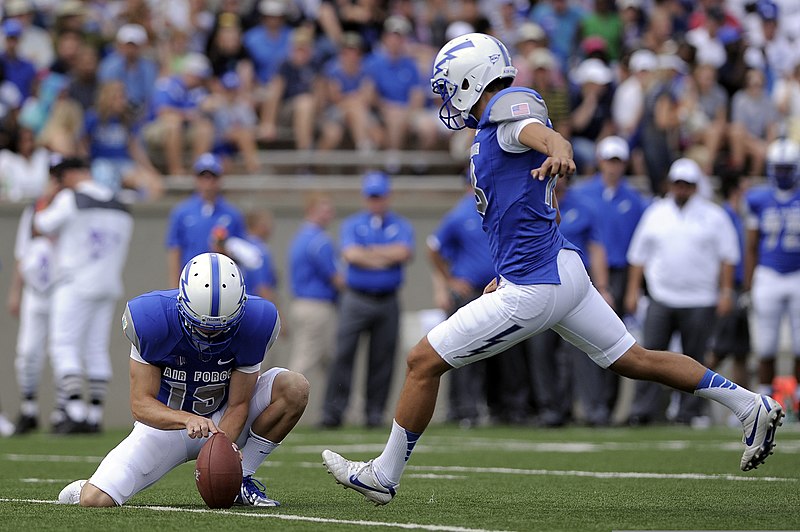 File:U.S. Air Force Academy (USAFA) senior kicker Parker Herrington and place holder junior David Baska combine for a field goal during the USAFA Falcons football game against the Idaho State Bengals at Falcon 120901-F-ZJ145-664.jpg