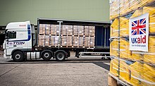 British aid for Iraq is loaded at RAF Brize Norton UK Aid Awaiting Transport by Air to Iraq MOD 45157989.jpg