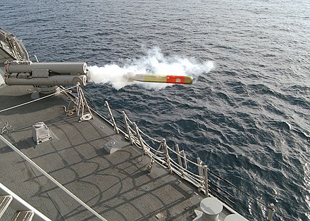 A Mark 32 Mod 15 Surface Vessel Torpedo Tube (SVTT) fires a Mark 46 Mod 5 lightweight torpedo