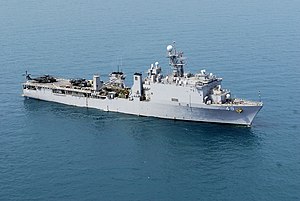 USS Harpers Ferry (LSD 49) at anchor in the Gulf of Thailand.