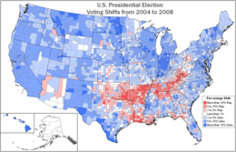 Pemungutan suara bergeser per daerah dari Pemilu 2004 sampai 2008. Warna biru yang lebih gelap menunjukkan bahwa daerah tersebut memilih lebih Demokrat. Merah yang lebih gelap menunjukkan bahwa daerah tersebut memilih lebih Republik.