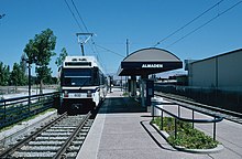 One of the system's original, high-floor cars laying over at Almaden station in 1993