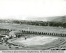 High-angle view of the University of Montana's original Dornblaser Field, circa 1906.