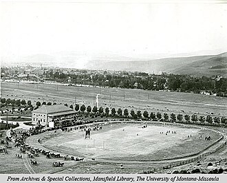 High-angle view of the University of Montana's original Dornblaser Field, circa 1906. University of Montana, Dornblaser Field.jpg