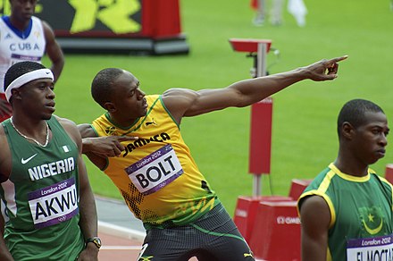 Bolt at the start of the 2012 Olympic 200 m