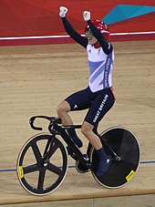 Pendleton celebrates winning the keirin at the 2012 Summer Olympics in London. Victoria Pendleton2 (cropped).jpg