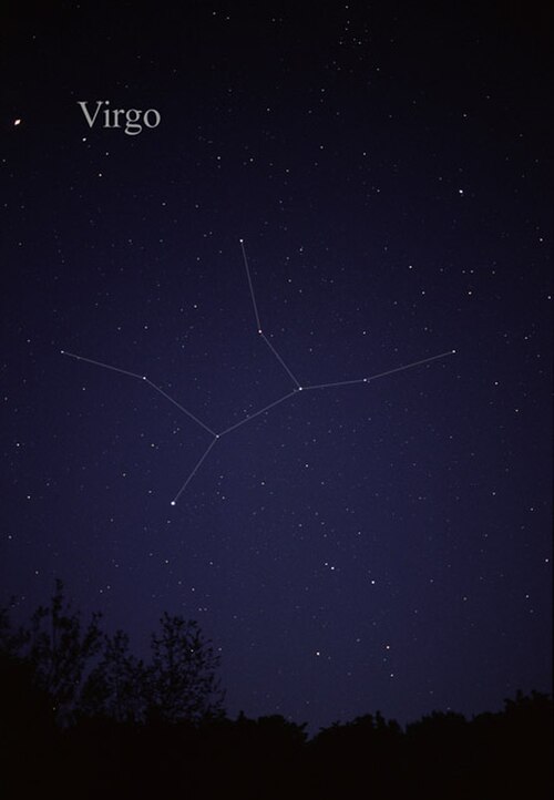 Spica is the brightest star in the constellation of Virgo (lower left).