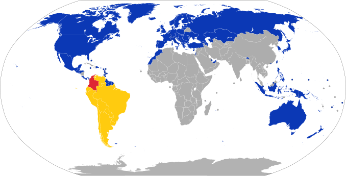 Visa policy of Colombia
.mw-parser-output .legend{page-break-inside:avoid;break-inside:avoid-column}.mw-parser-output .legend-color{display:inline-block;min-width:1.25em;height:1.25em;line-height:1.25;margin:1px 0;text-align:center;border:1px solid black;background-color:transparent;color:black}.mw-parser-output .legend-text{}
Colombia
Visa not required (Entry possible with an ID card)
Visa not required
Online visa Visa policy of Colombia.svg