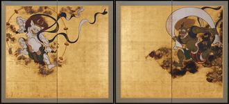 Wind God and Thunder God, Tawaraya Sotatsu, 17th century Wind God and Thunder God Screens by Tawaraya Sotatsu hi-res.png