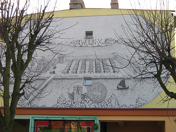 10th-century view of Wolin on a mural in the town center