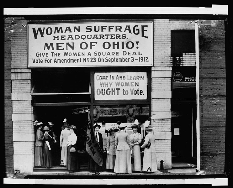 File:Woman suffrage headquarters in Upper Euclid Avenue, Cleveland-A. (at extreme right) is Miss Belle Sherwin, President, National League of Women Voters; B. is Judge Florence E. Allen (holding LCCN97500065.jpg