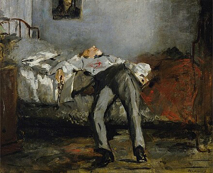 Le Suicidé by Édouard Manet depicts a man who has recently committed suicide via a firearm
