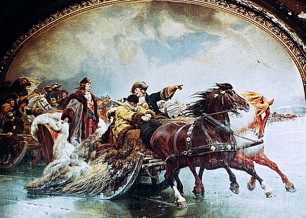 Great Sleigh Drive (1678):Frederick William pursues Swedish troops across the frozen Curonian Lagoon; fresco by Wilhelm Simmler, ca. 1891