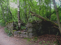 Le rovine di una casa finlandese sulla riva del lago Nakhimovskoye (insediamento Ovsyanoe)