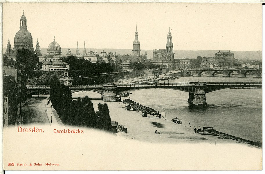 Dresden; Carolabrücke, Semperoper, Hofkirche, Schloß, Brühlsche Terasse, Brück & Sohn Kunstverlag Meißen, 1898, Nummer 00883