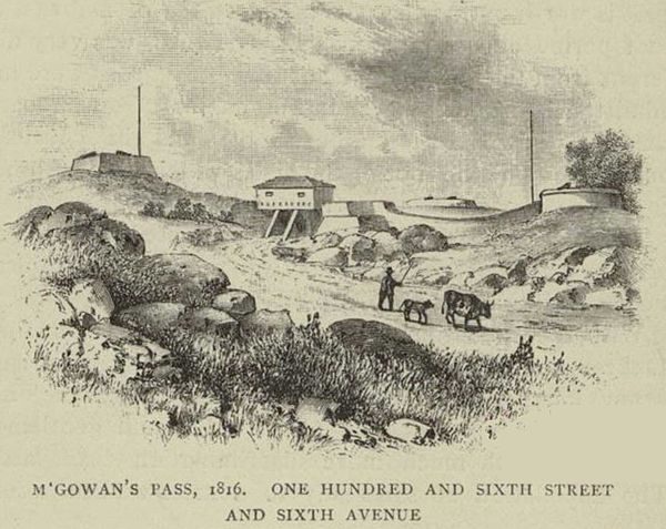 McGowan's Pass in 1816 with gatehouse with fortifications on either side.