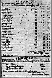 In 1823 Stephen Turley of Lamine was a tax collector for Cooper County, Missouri {Missouri Intelligencer, 23 Dec 1823 p. 3} 1823 Stephen Turley Tax Collector of Cooper County Missouri from the Missouri Intelligencer 23Dec1823p3.jpg