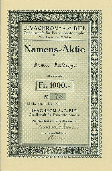 File:1921 Uvachrom AG Biel Gesellschaft für Farbenphotographie Aktienkapital Fr. 150.000 Namenaktie Frau Tabrega Fr. 1000 No. 78.jpg