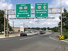 U.S. Route 202 northbound at its junction with U.S. Route 206 and Route 28 at the Somerville Circle in Raritan 2020-07-31 16 15 43 View north along U.S. Route 202 at the exit for U.S. Route 206 SOUTH and New Jersey State Route 28 (Somerville, Princeton) in Raritan, Somerset County, New Jersey.jpg