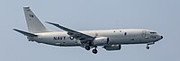 A US Navy P-8 Poseidon, tail number 168756, on final approach at Kadena Air Base in Okinawa, Japan.