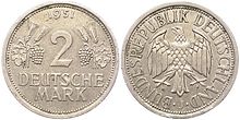 2-D-Mark-Münze von 1951 bis 1958 (Vorderseite links, Rückseite rechts)