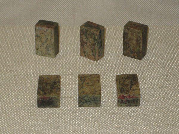 Six jadeite Liubo game pieces from the tomb of King Zhao Mo of Nanyue (r. 137–122 BC)