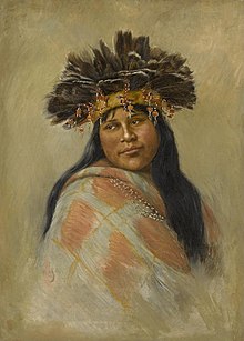 Painting of a pomo woman with long black hair, wearing a feathered headdress and patterned poncho