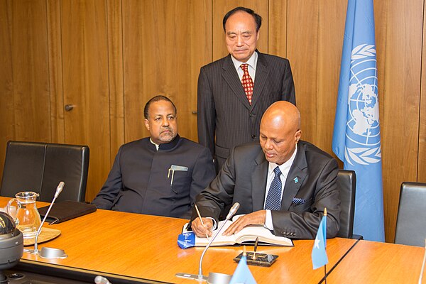 Prime Minister Ahmed at the International Telecommunication Union headquarters in Geneva with Ambassador of Djibouti Mohamed Siad Doualeh and ITU Depu