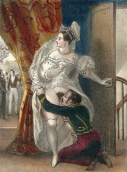 A man performing cunnilingus on a woman at a formal party, depicted by French artist Achille Devéria