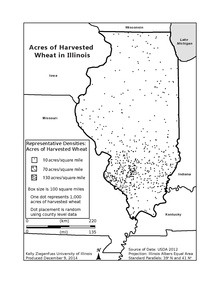 Representative dot density map of Acres of Harvested Wheat in Illinois in 2012, using county-level aggregate data. Acres of Harvested Wheat in Illinois in 2012.pdf