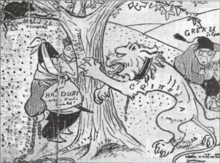 Caricature shows Albania (the lion) breaks the chain of Islam that linked it to the Turk (man with the fez, left) and Orthodoxy that bound it to the Greek (man with hat and tassel, right). In background a Serbian (man wearing sajkaca behind tree, centre left) and Montenegrin (represented as black rat in tree branches, top left) preparing to ambush the lion Albanian caricature 1906.png