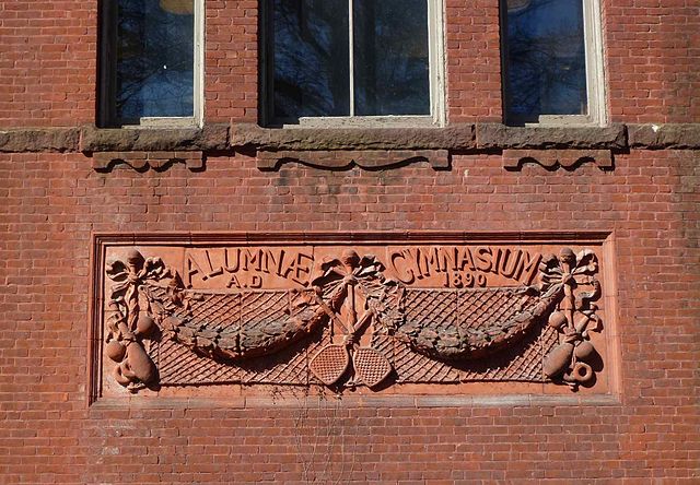 Exterior of Alumnae Gymnasium at Smith College. The upper windows look into the gymnasium where the first women's basketball games were played in 1892