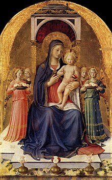 Panneau central de la Vierge à l'Enfant trônant, entourée d'anges portant deux corbeilles de cinq roses.