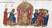 Empress Theodora discussing icons with her court. Argument about icons (Skylitzis Chronicle).jpg