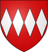 Arms of Baron Daubeney, also known as Dabney. Not to be confused with their cousins, the Abney and Abney-Hastings family. Coat of arms: Gules, 4 fusils conjoined in fess argent. The arms are derived from their ancestral home of Saint-Aubin-d'Aubigne. Arms of Daubeney.svg