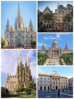 Fentről lefelé, balról jobbra: barcelonai székesegyház, a Casa Batlló, a Palau Nacional, a városháza és a Szent Család-templom