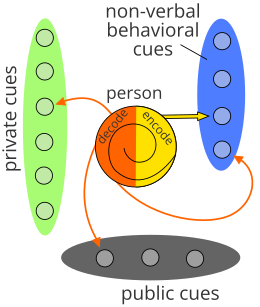 Barnlund's model of intrapersonal communication. The green, blue, and grey areas symbolize different types of cues. The orange arrows represent that the person decodes certain cues. The yellow arrow is their behavioral response. Barnlund's model - intrapersonal communication.svg