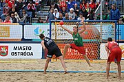 Deutsch: Beachhandball Europameisterschaften 2019 (Beach handball Euro); Tag 6: 7. Juli 2019 – Spiel um Platz Drei, Männer, Ungarn-Russland 2:0 (26:20, 23:22) English: Beach handball Euro; Day 6: 7 July 2019 – Men's Bronze Medal Match – Hungary-Russia 2:0 (26:20, 23:22)