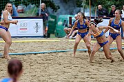 Deutsch: Beachhandball Europameisterschaften 2019 (Beach handball Euro); Tag 5: 6. Juli 2019 – Frauen, Platzierungsspiel für die Ränge 5–8, Rumänien-Zypern 2:0 (18:17, 18:14) English: Beach handball Euro; Day 5: 6 July 2019 – Placement Match/Cross Match for rank 17–20 Women – Romania-Cyprus 2:0 (18:17, 18:14)